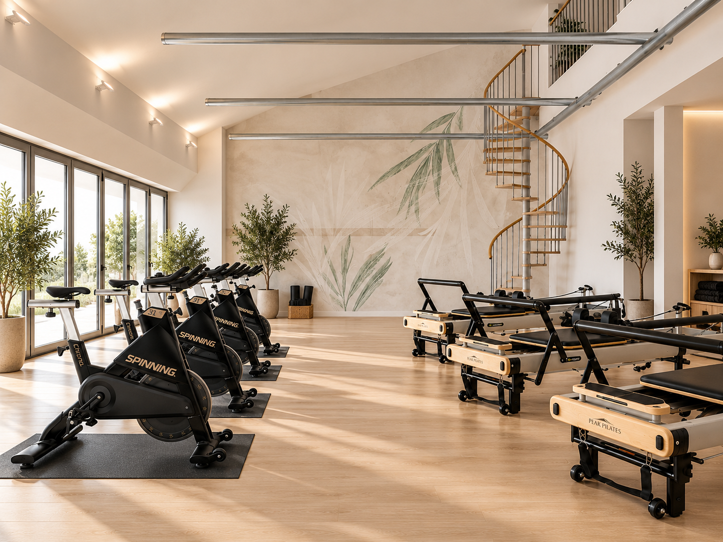 Studio con bike Spinning e reformer Peak Pilates